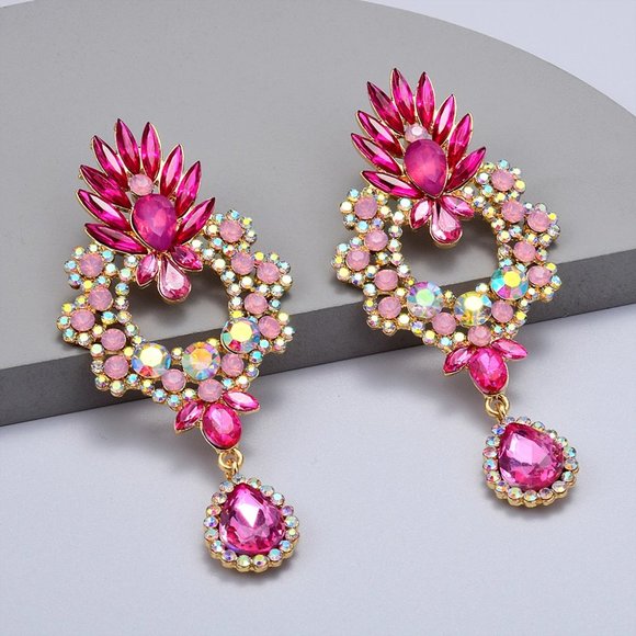 Pink Crystal Chandelier Statement Earrings with AB Crystal Accent Stones - Picture 4 of 4